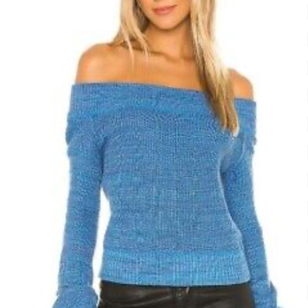 Free People Blue Off-Shoulder Crop Sweater XS Long Sleeve Jewel Neck
